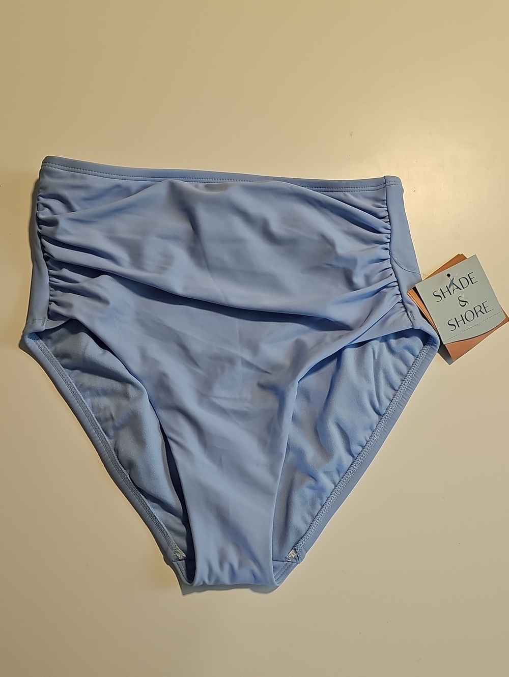 Shade & Shore Women's S Solid Light Blue High-Rise Ruched Bikini Bottoms